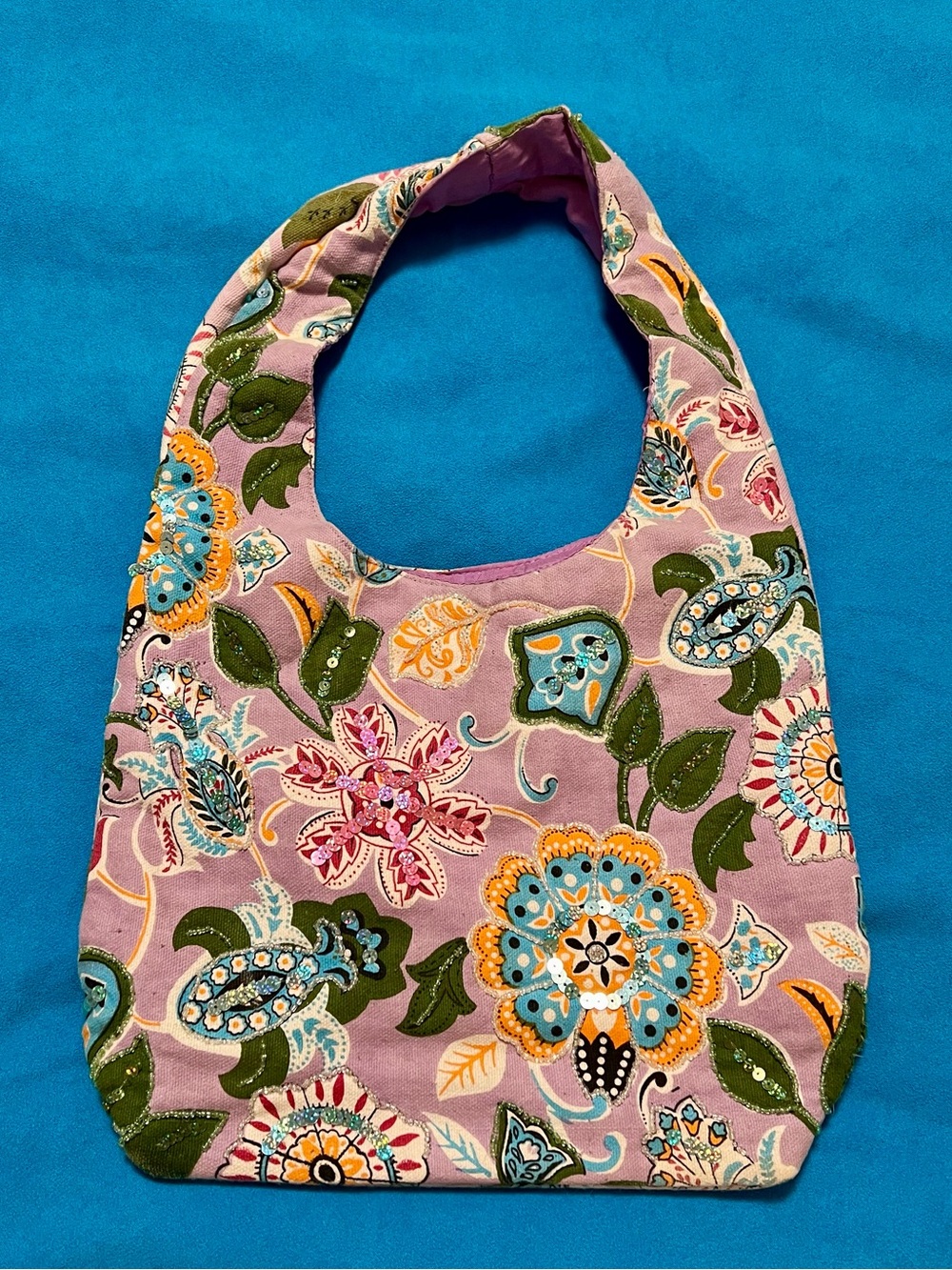 Floral Print Canvas Shoulder Bag in Lavender with Sequins